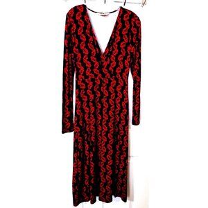 Boden Women's 8 Faux Wrap Long Sleeve V-Neck Red Blue Leaf Print Dress